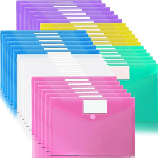36 Pack Plastic Poly Filing Envelopes, Clear Document Folders US Letter A4 Size File Envelopes with Label Pocket & Paste Button for School Home Work Office Organization, 6 Assorted Color