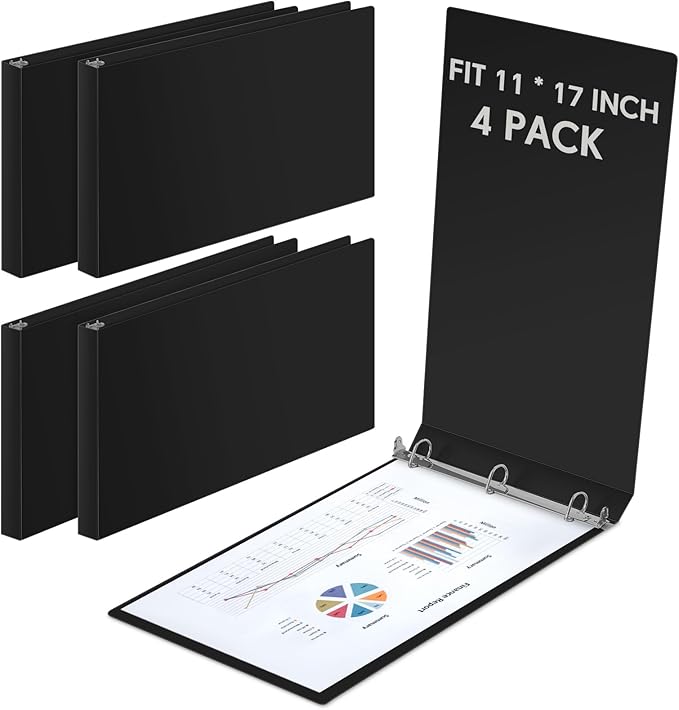 4 Pcs 11 x 17 Inch 3 Ring Binders 2 Inch Rings Heavy Duty View Plastic Flexible D Ring Binders Economy Holds 11" x 17" Paper for Artwork Blueprints, Office, Home, Work Places(Black)