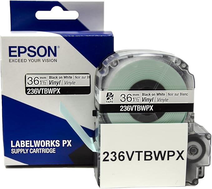 Epson LABELWORKS 236VTBWPX Genuine Tape Cartridge - Black on White Flexible and Durable Vinyl Industrial Label Maker Tape - 1.5" (36MM) Wide, 22.9 ft