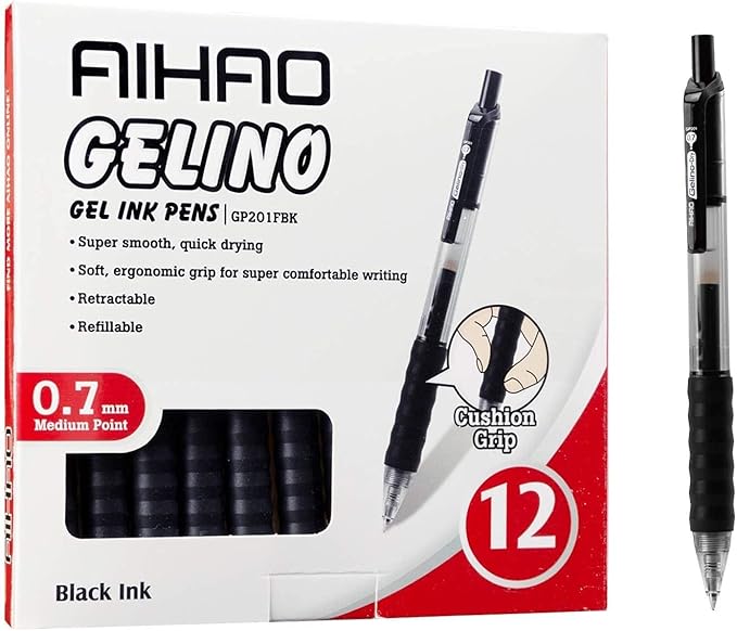 AIHAO Gel Pens 12 Pack, Black Ink, Retractable Medium Point (0.7mm), Smudge-Resistant, Smooth Writing Pens for Journaling, Note-Taking, School & Office Supplies