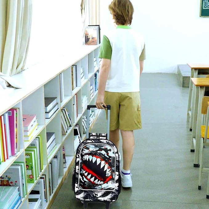 18" Shark Rolling Backpack for Boys, 3Pcs Kids School Backpacks with Wheels, Roller Bookbag with Lunch Box for Preschool Toddler Elementary(Black)