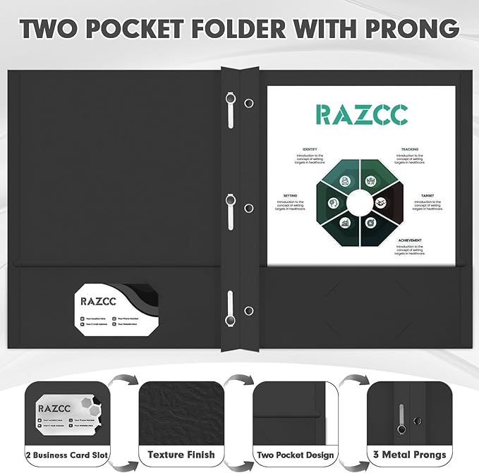 50 Pack Two Pocket Folders With Prongs, 3 Prong Folders Fit Letter Size Paper, File Folders for School Office Home Business, Black