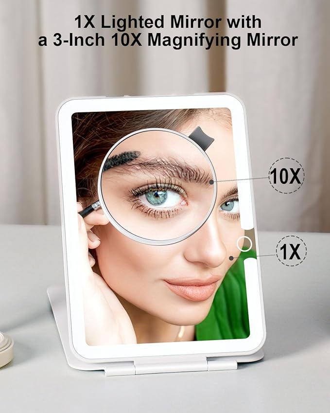 Rechargeable Travel Makeup Mirror with Lights, Portable Lighted Vanity 10X Magnification, 70 LEDs 3 Color Dimmable Touch Screen, Tabletop Folding Compact Cosmetic (White With 2000mah Battery)