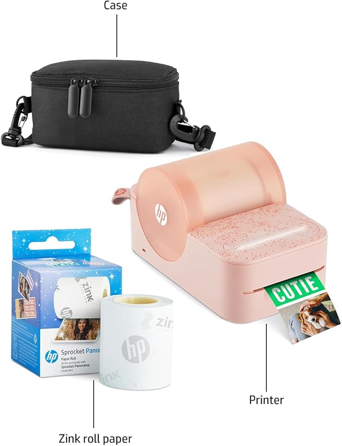HP Sprocket Panorama Instant Portable Color Label & Photo Printer (Pink) Starter Bundle with case Zink roll