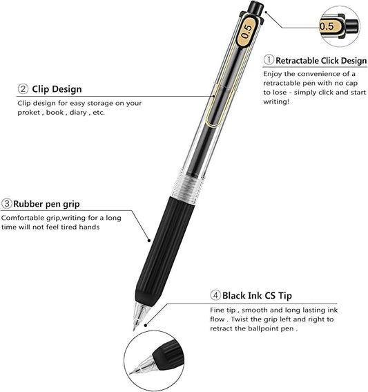 Aozora 20 Pack Black Gel Pens Fine Point Smooth Writing Pens Retractable Black Ink Pen with Soft Grip 0.5mm Quick Dry Office School Supplies Gold Clip