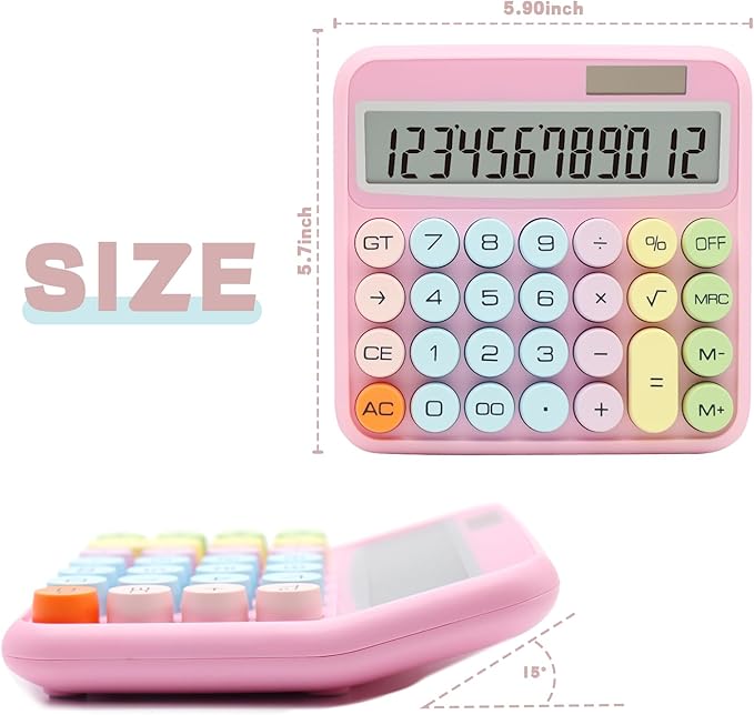 Pink Calculator, Standard Calculator 12 Digit with Large LCD Display and Big Buttons,Pink Office Accessories for Women Desk,Cute Calculator for Office,School, Home,Business(Colorful Pink)
