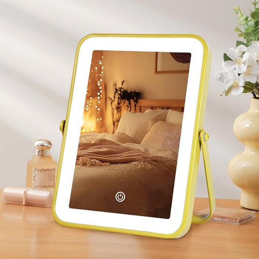 Gold Rechargeable Makeup Mirror with Lights, LED Vanity Mirror, 3 Color Modes, Portable Desktop Mirror, Adjustable Brightness, Ideal for Dorm and Home Use