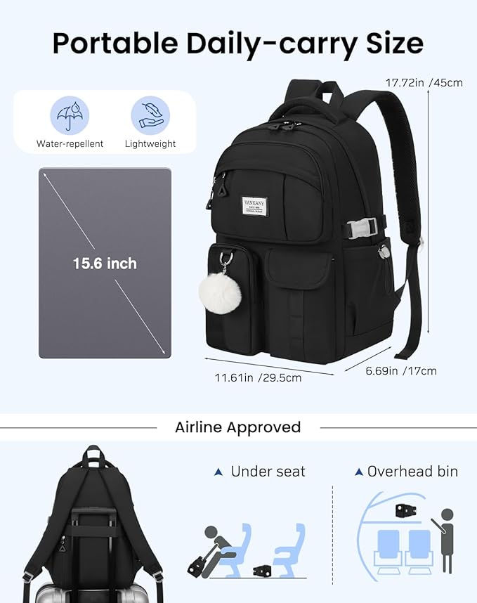 Teen Girls Backpack Black, College Student Book Bag for Womens, Middle High School Bag Elementary Kids Bookbags Morral Escolar Niña