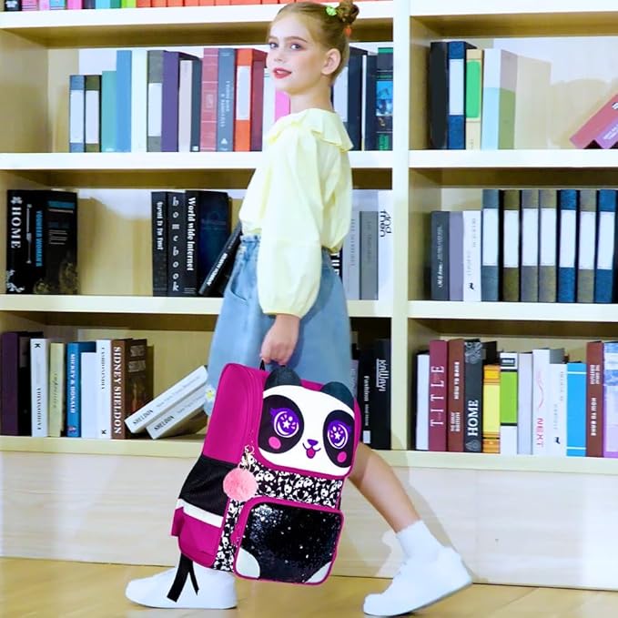 3PCS Bookbag for Girls, 15" Kids Sequin Bookbag with Lunch Box, Panda School Bag Set for Elementary Preschool Toddler