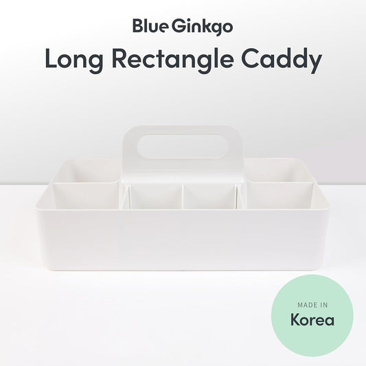 BLUE GINKGO Stackable Organizer Caddy – Korean-Made Portable Tote for Bathroom, Office, Crafts, or School Supplies (Long Rectangle, White)