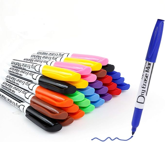 Volcanics Dry Erase Markers Low Odor Fine Whiteboard Markers Thin Box of 30, 10 Colors