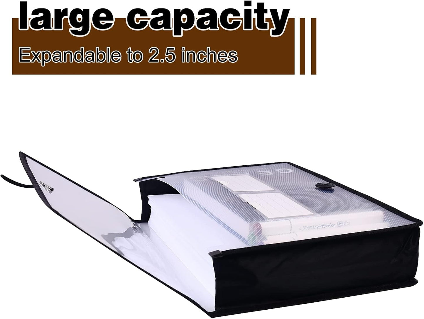 Eco-Friendly Plastic File Folders, Poly Expanding File Wallet, Expandable Envelope Organizer Document Folder with Elastic Band and Button Closure, with Small Two Pockets, 5 Pack- Black