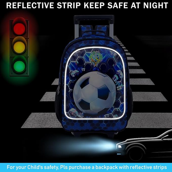 CCJPX 3PCS Soccer Rolling Backpack for Boys, Roller School Bookbag with Lunch Box, Football Water Resistant Wheeled Backpacks for Teens Elementary Travel-Blue