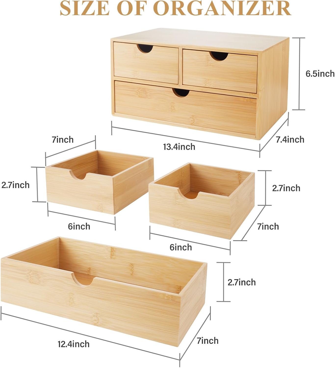 Bamboo Desk Organizer with 3 Drawers, Countertop Organizer with Drawers Makeup Storage Drawer 3 Drawers Tabletop Storage Organization Box Home Office Workspace