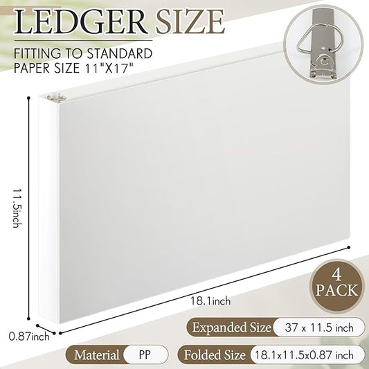4 Pcs 11 x 17 Inch 3 Ring Binders 0.5 Inch Rings Heavy Duty View D Ring Binders Economy Holds 11" x 17" Paper for Artwork Blueprints, Office, Home, Work Places(White)