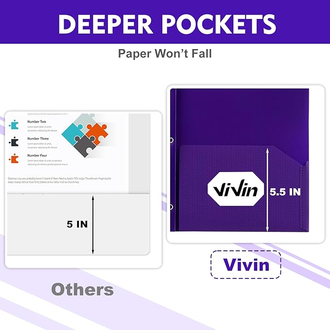 ViVin Sturdy Plastic Folder with Pockets, 10 Pack, 2 Pocket Folders with Prongs, Fits Letter Size Paper, 3 Prong Folders with Pockets, for School Office and Home - Purple