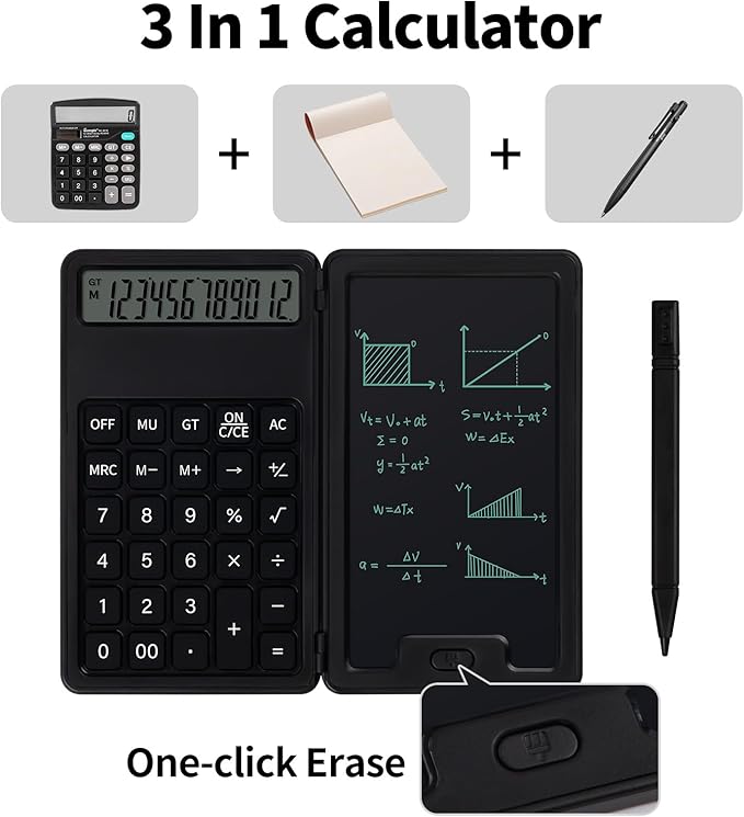 Desk Portable Basic Calculator with Notepad and Stylus, 12 Digit Large Display Multi-Function for Office, School, Home & Basic Financial (Black)