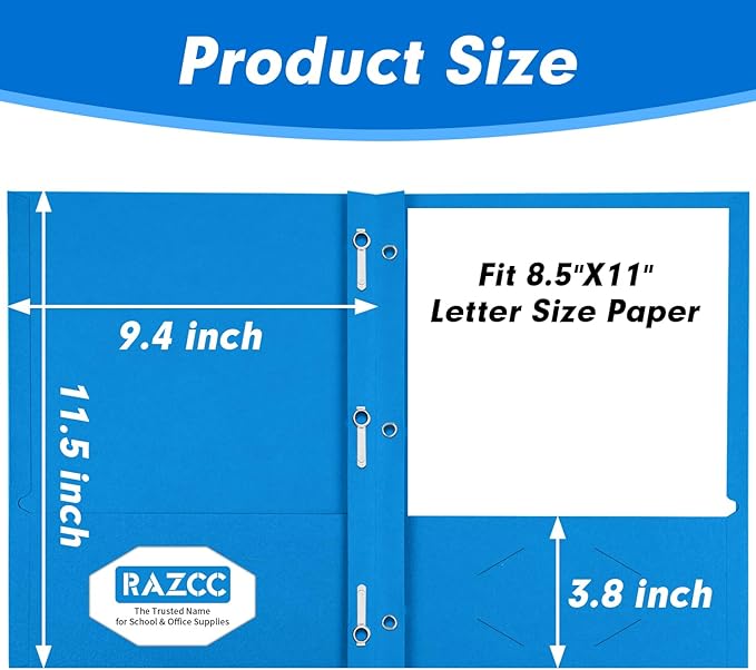 Two Pocket Folders, RAZCC 50 Pack Two Pocket Folders with Prongs, 3 Prong Folders Fit Letter Size Paper, Pocket Paper File Folders for School Office Home Business, Assorted 5 Colors