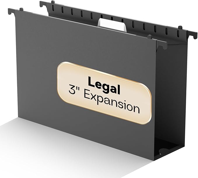 Plastic Legal Size Hanging File Folders,Heavy Duty 3" Expanding Hanging Folder, Reinforced Black Hang Folders Legal,Insert Gasket,Adjustable Tabs,Filing Cabinet Folder for Bulky Files,12 Pack