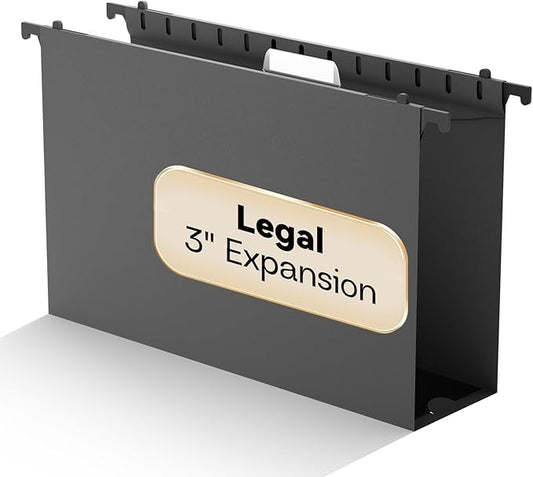 Plastic Legal Size Hanging File Folders,Heavy Duty 3" Expanding Hanging Folder, Reinforced Black Hang Folders Legal,Insert Gasket,Adjustable Tabs,Filing Cabinet Folder for Bulky Files,12 Pack