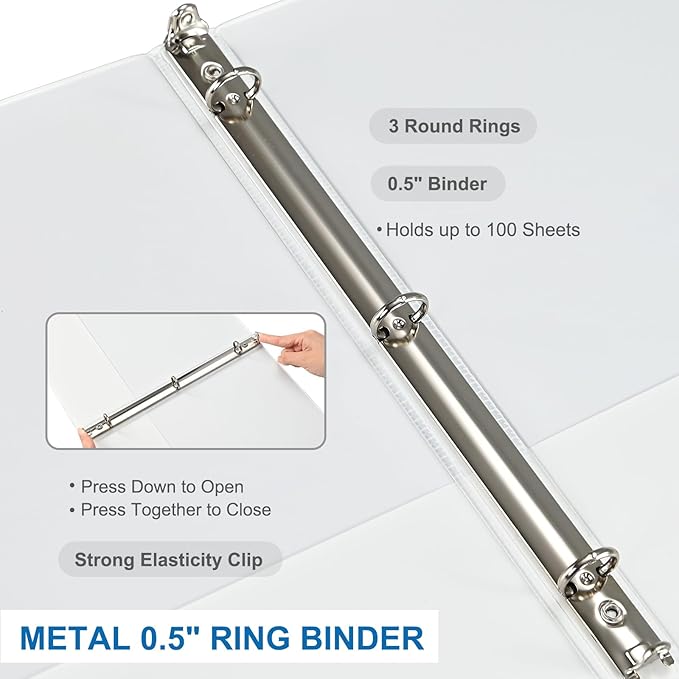 1/2 Inch 3-Ring Binder, 0.5-inch Round Ring Binder with 2 Inside Pockets, 12 Pack White Binders, Clear View CoverBinder Holds 8.5'' x 11''Paper for Office/Home/Back to School