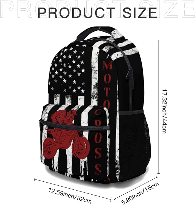 Dirt Bike Backpack for Boys American Flag Motocross School Bookbag Vintage Black White and Red Racing Motorcycle College Shoulders Back Pack for Travel Hiking Camping