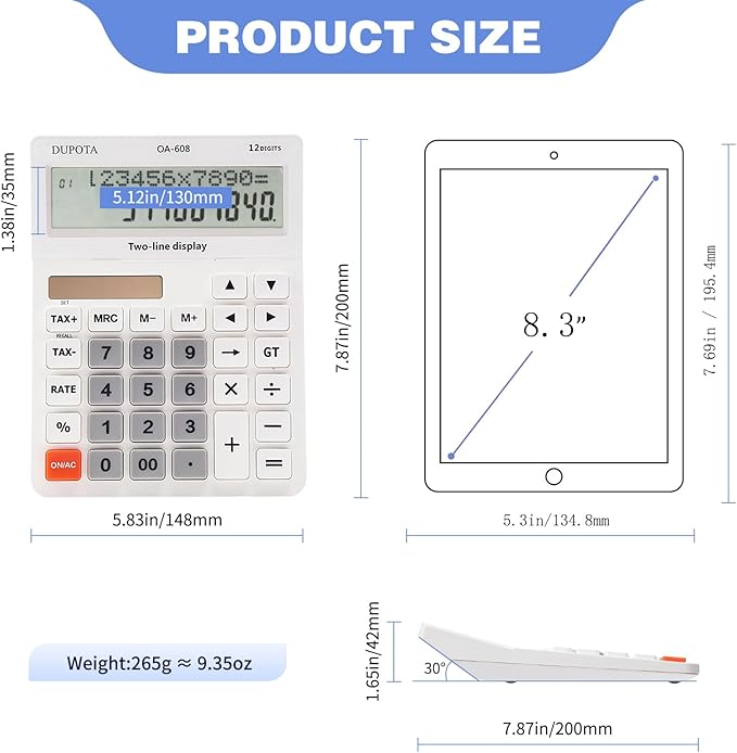 Desktop Calculator Large Display Big Buttons with 12 Digits 2-line LCD, Dual Solar Power and Battery, Calculator with Tax and Check Function for Office, Home, School and Business Large Size（OA-608）