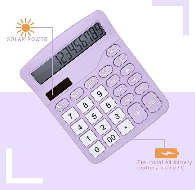 YOUHO Calculator, 12-bit Solar Battery Dual Power Standard Function Electronic Calculator with Large LCD Display Office Calculator Purple