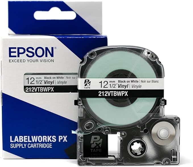 Epson LABELWORKS 212VTBWPX Genuine Tape Cartridge - Black on White Flexible and Durable Vinyl Industrial Label Maker Tape - 1/2" (12MM) Wide, 22.9 ft