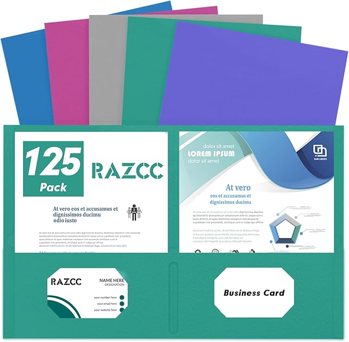 Two Pocket Folders, RAZCC 125 Pack 2 Pocket Folders Fit Letter Size Paper, Paper Folders with Pockets for School Office Business Home, Assorted 5 Colors
