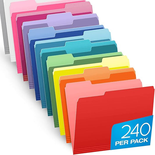 Pendaflex Colored File Folders Letter Size - 240 Pack of 12 Assorted Color Folders for Documents - 1/3-cut Tabs