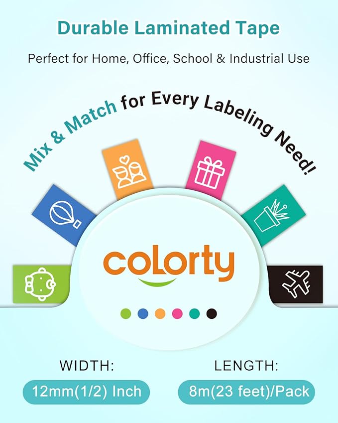 Colorty Replacement for Brother P-Touch Label Maker Tape TZe 12mm 0.47 Ribbon Laminated TZ Colored Refills Compatible with Brother P Touch PT-D210 D220 H110 1000 1280 D400 Cube, 1/2" x 26.2', 6 Pack