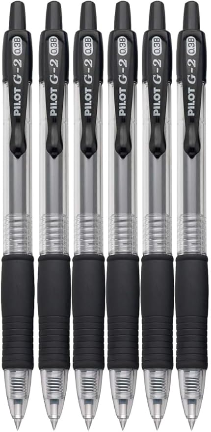 G2 Retractable Premium Gel Ink Roller Ball Pens Ultra Fine Point (.38mm) Black Ink 6 pack; Refillable & Premium Comfort Grip Bundle with Plastic Reusable Pouch