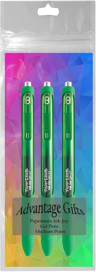 Paper Mate InkJoy Gel Pens, Green Ink, Medium Point (0.7mm), 3 Count, Bundle with Plastic Reusable Pouch