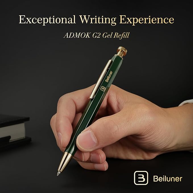 BEILUNER 312 Metal Gel Pen 0.5mm, Hexagonal Design, Green Piano Lacquer with 24K Gold Plated Accents, Includes One Refill, Professional Gel Pen Gift Box Set