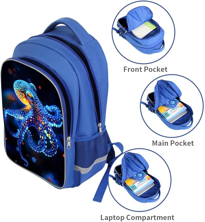 Kids Backpack, 3D Reflective Cartoon, 600D Polyester & Dual Zippers, 17" Bookbag with Ergonomic Design for boys & girls age 6-18, Octopus Space Style for school Children Kids