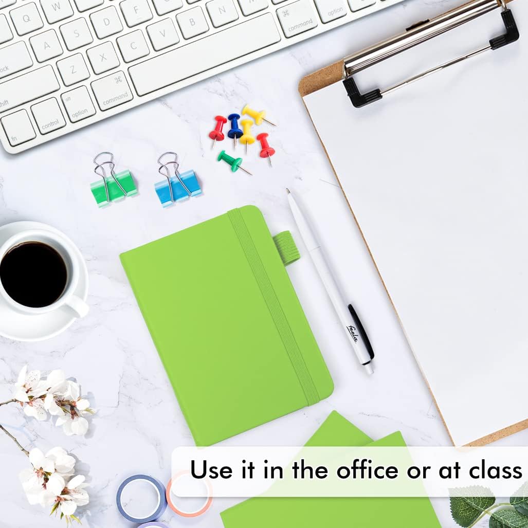 feela 3 Pack Pocket Small Notebook Journals, Mini Cute Memo Notepad Hardcover College Ruled Lined Journals with Pen Holder for Women Girls Office School, with 3 Black Pens, 3.5”x 5.5”, A6, Green