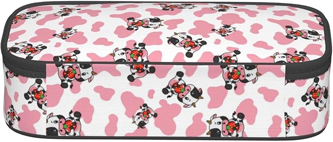 Pink Cows Strawberry Print Large Pencil Case With Zipper Compartments Stationery Pencil Bag For Kids Teens Students School Supplies