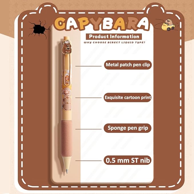 Cute Capybara Gel Pens 5Pcs Retractable Quick Dry Ink Pens 0.5mm Fine Point Black Ink Kawaii Smooth Writing Pens for School Office Supplies Aesthetic Pretty Fun Pens (Capybara)
