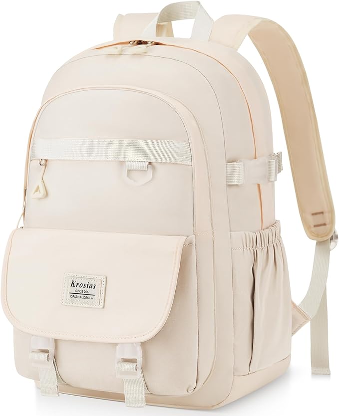 School Backpack for Teen Girls, 15.6 Inch Laptop Backpack Women Kids Bookbag for Middle High School Cute College Bag for Students, Beige