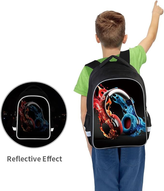 3 Pcs Kids Backpack, 3D Reflective Cartoon, 600D Polyester & Dual Zippers, 17" Bookbag with Ergonomic Design for boys & girls age 6-18, Headphone Space Style for school Children Kids