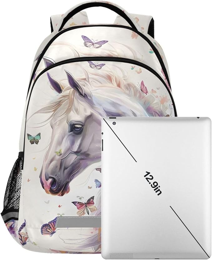 White Horse Butterfly Backpack for Girls Boys Elementary School Bag Kids Bookbag Travel Rucksack