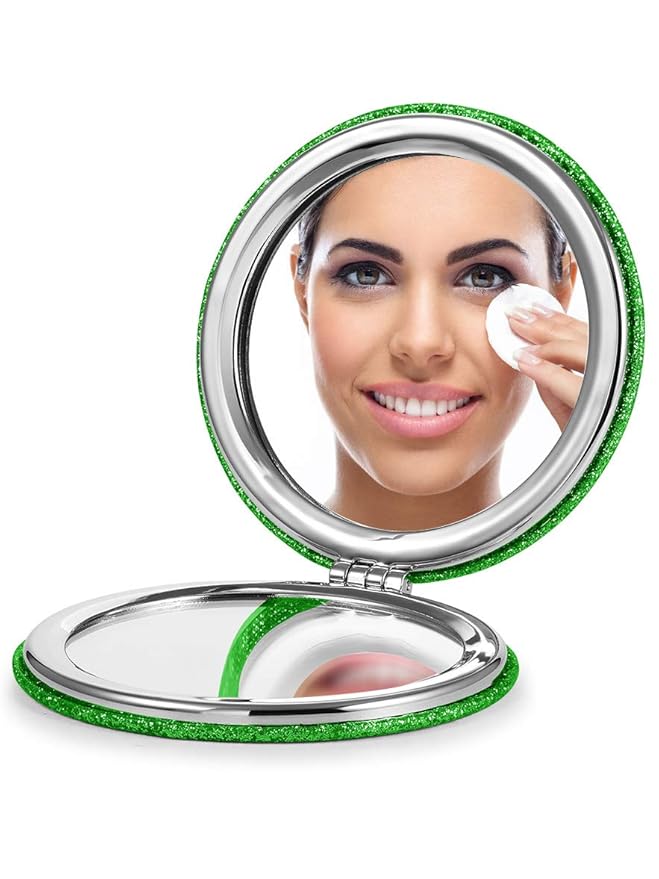 OMIRO 1X/10X Magnifying Compact Mirror with PU Leather, Ultra-Portable for Purses and Travel, Round Green