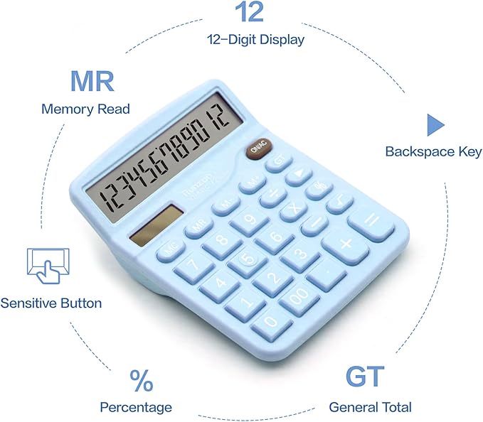 Blue Office Calculator - 12 Digit Desktop LCD Display with Sensitive Buttons