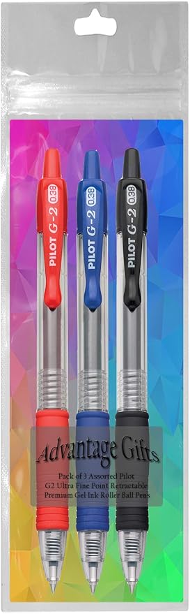G2 Retractable Premium Gel Ink Roller Ball Pens Ultra Fine Point (.38mm) Black/Blue/Red Ink 3 pack; Refillable & Premium Comfort Grip Bundle with Plastic Reusable Pouch
