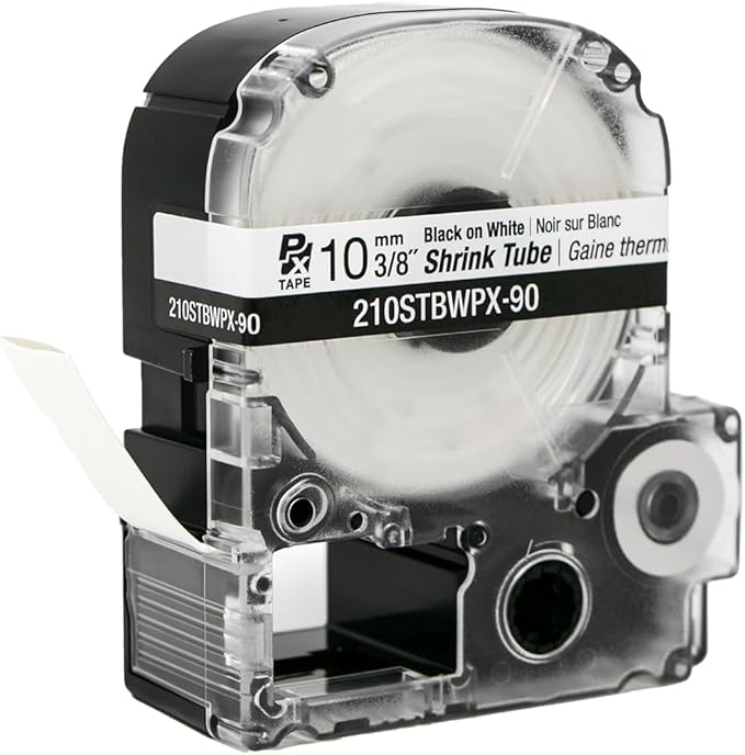 Epson LABELWORKS 210STBWPX-90 Genuine Tape Cartridge - Black on White Shrink Tube Industrial Label Maker Tape - AWG 4-12, 3/8" (10MM) Wide, 7.5 ft (90")