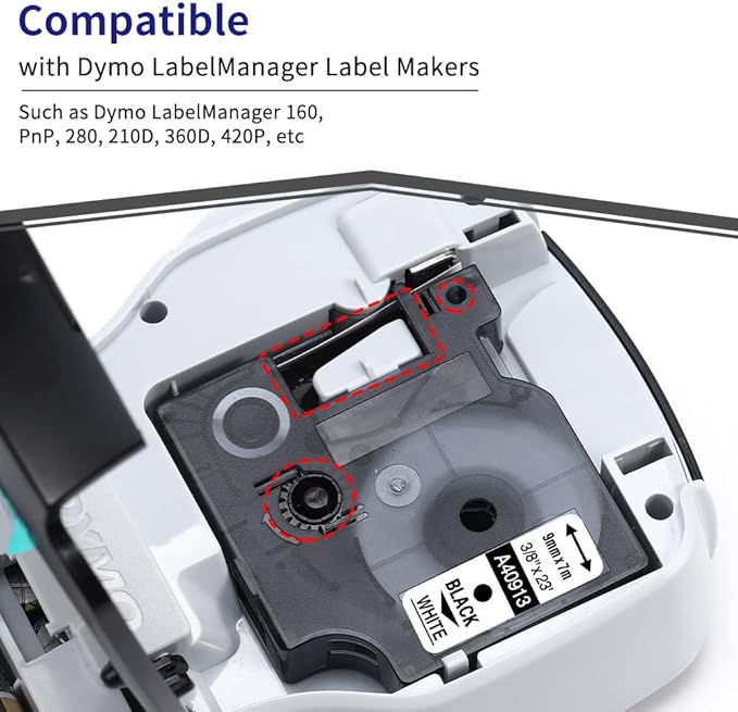 6-Pack Compatible Dymo 41913 (40913) 3/8 Inch D1 Label Tape Black on White 9mm Refills S0720680 for DYMO LabelManager 160 280 360D Label Maker COLORPOP, 23Ft