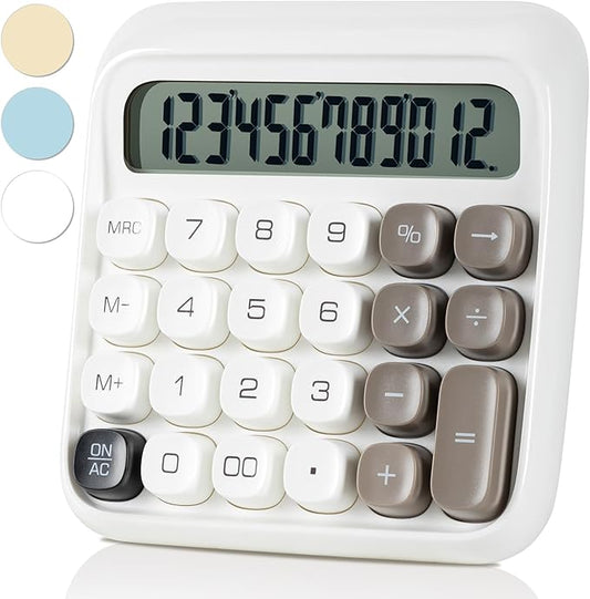 Deli Mechanical Switch Calculator 12 Digit, Large LCD Display Calculators Desktop with Big Buttons, Cute Calculator for Teachers Students Basic Office, White