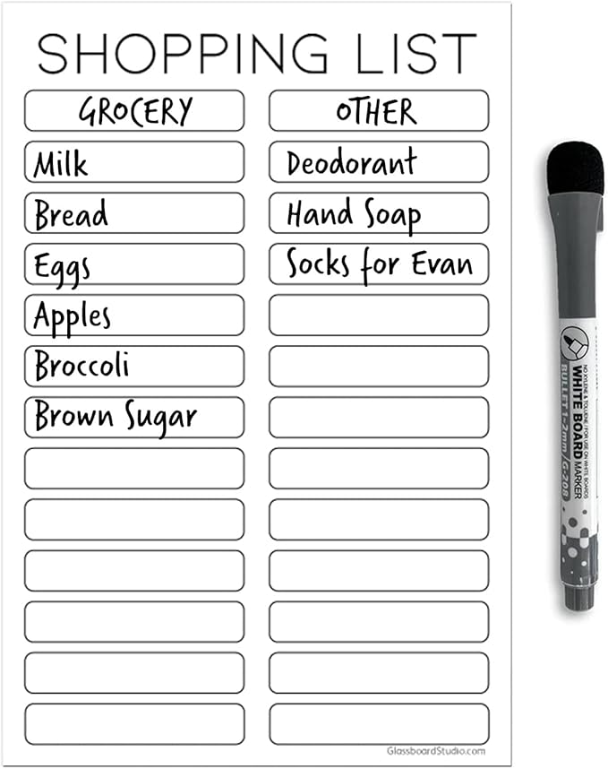 Dry Erase Shopping List Vinyl Sticker Decal Whiteboard by Glassboard Studio | Removable & Reusable | Magnetic Fine-Tip Marker Included (6 x 9 inches, White)