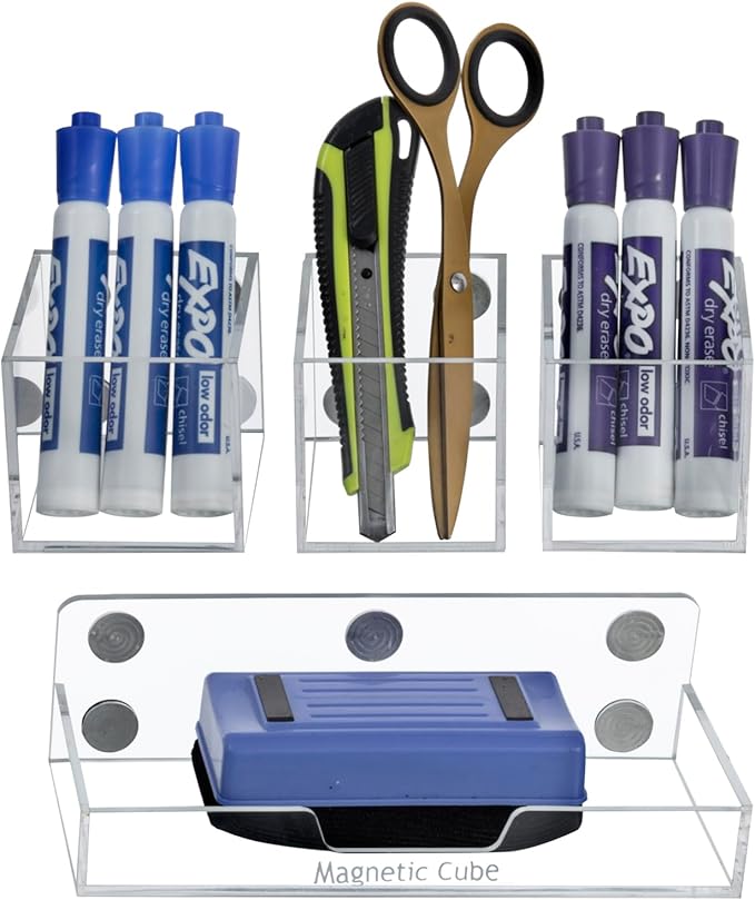 MyGift Premium Clear Acrylic Magnetic Dry Erase Marker Holder And Office Supplies Storage Containers, 4 Piece Set Includes 1 Tray and 3 Cubed Boxes